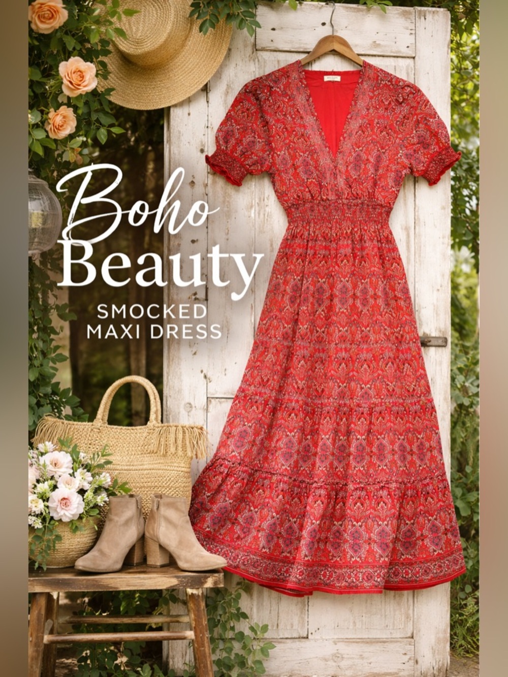 Red Paisley Boho Maxi Dress Smocked Waist Cottagecore Boho S